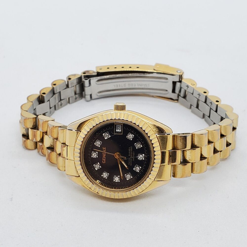 VTG‎ GENEVE Women's Watch 25MM Gold Case Bracelet Black Dial Date 7" New Battery